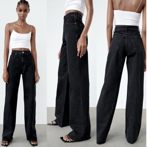 Zara Denim - Zara The Marine High Rise Washed Black Wide Leg Full Length Jeans Size 8